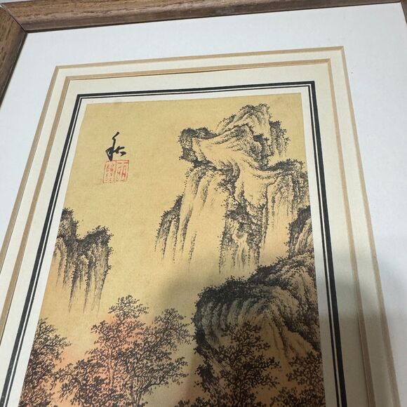 ASIAN Chinese LANDSCAPE art Watercolor paper w frame 15"x9" scroll - Picture 4 of 8